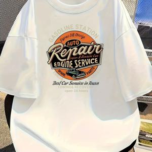 TEMU 여성용 블랙 레트로 서비스 그래픽 티셔츠 - 부드럽고 통기성 좋은 폴리에스터 티, 캐주얼 여름 상의 자동차 이벤트 & 차고 스타일링 - 가벼운 일상 티셔츠, 클래식 라운드넥, 편안한 핏, 빈티지 스트리트웨어, 내구성 있는 소재, 반팔 티셔츠|반팔티|반팔티셔츠|반팔셔츠