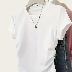 TEMU 여성용 Y2K 반팔 티셔츠 - 화이트 러치 디테일 스트레치 라운드넥 탑, 봄 여름 가을 캐주얼 패션 필수품, 편안한 루즈핏 소프트 원단 트렌디 셔츠, 스타일 애호가를 위한 무스트헤브