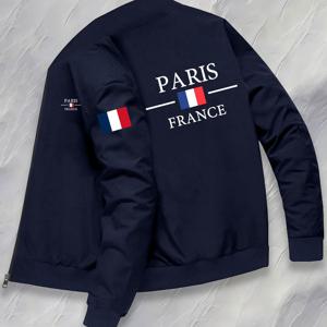 TEMU KOURRTER 남성용 프렌치 플래그 자켓 - 올리브 그린 베이스볼 코트, PARIS FRANCE 백 디자인, 지퍼 클로저, 세탁기 사용 가능 폴리에스터 재질, 비즈니스 & 여행용 캐주얼 아우터웨어, 스타일리시한 디자인, 내구성 있는 소재, 도시 웨어