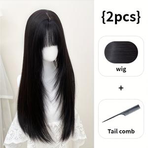 TEMU 이 제품은 빗이 포함된 2개의 가발 세트입니다. 앞머리와 네트 디자인을 갖추고 있습니다. 24인치 합성 머리카락은 3D 360° 상단 헤어피스를 제공하며 여성에게 적합한 레이어드하고 스타일리시한 헤어스타일을 보이는 데 적합합니다