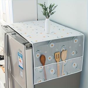 TEMU 포켓이 있는 꽃무늬 냉장고 커버 - 내구성 PET 소재, 50인치 x 20인치, 전기 없음, 마그네슘 무함유, 현대적인 주방 정리에 완벽한 화이트 데이지 디자인, 주방 수납용