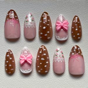TEMU 10개 세트 전통 수제 아몬드형 네일아트: 우아한 3D 핑크 리본과 로맨틱한 장미와 귀여운 도트 - 모든 여성의 데일리 웨어에 완벽한 가벼운 디자인