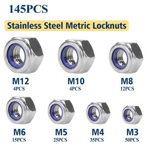 TEMU 145개 스테인리스 스틸 메트릭 잠금 너트 키트, 나일론 삽입 육각 잠금 너트 M3 M4 M5 M6 M8 M10 M12용, 광택 마감, 부식 방지, DIN985에 맞음, 하드 환경에서 볼트의 느슨 방지, 진동 및 충격