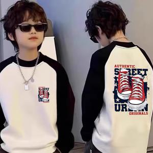 TEMU 2025 가을 캐주얼 긴팔 티셔츠 - 루즈핏 라운드넥 기하학 패턴 스트리트웨어 탑, 중간 신축성 편안함, 일상복, 트렌디한 패션, 내구성 있는 착용감, 고품질 원단 셔츠, 청소년 스타일|티셔츠