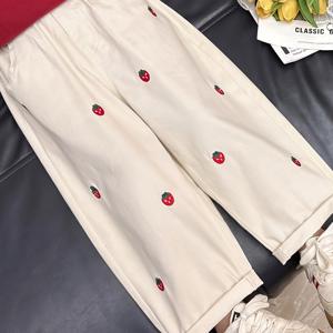 TEMU 소녀용 딸기 장식 핑크 와이드 레그 앵클 팬츠, 탄력 있는 허리 & 포켓 - 귀여운 과일 패턴 (빨간 딸기/검은 씨앗) 봄/가을 캐주얼 카프리 바지, 놀이날 & 캐주얼 복장, 야외 활동에 완벽