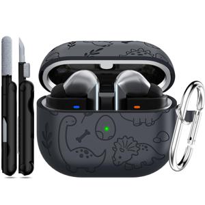 TEMU 삼성 갤럭시 버즈 3/버즈 3 프로용 HHTONG 케이스 - 가벼운, 스크래치 방지 실리콘 커버와 청소 키트 포함, 컬러풀 공룡 및 꽃 디자인의 블랙, 키체인 포함, 갤럭시 버즈 3, 버즈 3 프로, 버즈 3 케이스, 버즈 3 프로 케이스 보호 케이스