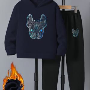 TEMU 2개 세트 - 소년용 프렌치 불독 패턴 후드집업 & 조거팬츠, 플리스 이너로 따뜻한 겨울철 아웃핏, 신축성 있는 원단으로 편안한 캐주얼웨어 (화이트&블랙) - 기계 세탁 가능한 2피스 코지 세트. 야외활동/체육관/일상복에 적합하며, 남자친구에게 딱!