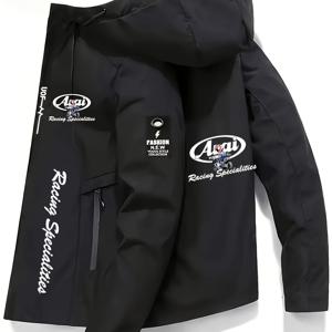 TEMU 남성용 아라이 모터사이클 프린트 후드형 파일럿 자켓 - 풀지퍼, 긴팔, 방풍코팅, 폴리에스터 안감, 전면 플루얼 포장 & 스탠드칼라, 앞면과 주머니에 지퍼가 있는 내구성 있는 타기 재킷 (캐주얼, 스포츠, 야외활동을 위한 디자인), 사계절 사용가능, 세탁기로 세척 가능, 레귤러핏, 남성 및 10대 이상의 적합)