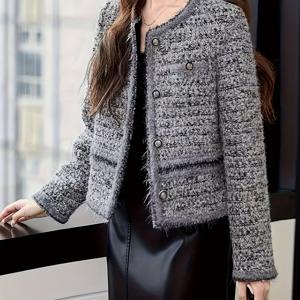 TEMU 여성용 프렌치 스타일 트위드 재킷 - 시크한 짧은 길이, 버튼업 프론트, 루즈핏, 사계절용 아우터웨어, 대조 트림, 캐주얼부터 포멀웨어까지, 캐주얼 웨어 재킷 | 시크한 짧은 재킷 | 버튼업 재킷, 여성용 울 코트, 트윌 반팔|반팔