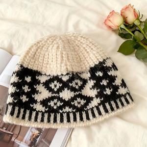 TEMU 1개 아란 비니, 빈티지 로마스 패턴 모자, 가을 겨울 따뜻한 버킷햇, 큰 머리둘레, 패셔너블 다용도 비니, 네 가지 색상 제공|벙거지모자