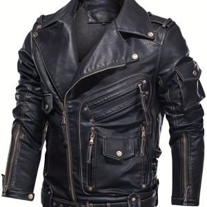 TEMU 남성용 바이커 재킷, 클래식 블랙 모터사이클 스타일 멀티 지퍼 포켓, 조절 가능한 벨트, 빈티지 스트리트웨어, 라이딩 및 여행용 스타일리시 아우터웨어, 일상 도시룩, 선물 아이디어
