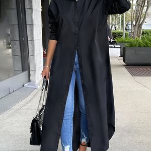 TEMU 플러스 사이즈 - 플러스 사이즈 - 플러스 사이즈 여성용 우아한 단색 드레스 - 구조적인 라펠 칼라 긴소매 A라인 실루엣, 버튼 앞면 클로저, 올 시즌 활용 가능한 오피스 & 캐주얼 웨어, 오피스룩, 클래식 디자인, 스타일리시한 의상