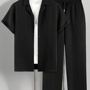 TEMU 남성용 2pcs 캐주얼 슈트, 반팔 버튼 쿠바 칼라 셔츠와 드로스트링 허리 바지, 여름 캐주얼 의상에 적합합니다.