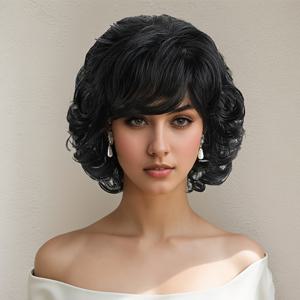 TEMU 여성용 우아한 블랙 10인치 컬리 가발 사이드 뱅 포함 - 열에 강한 합성 섬유, 일상 착용 및 할로윈 파티에 완벽, 가발 액세서리