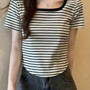 TEMU 여성용 스퀘어넥 크롭 티셔츠 - 고탄력 슬림핏 캐주얼 탑, 블랙 & 화이트 가로줄무늬, 봄 여름 가을 세탁기 사용 가능