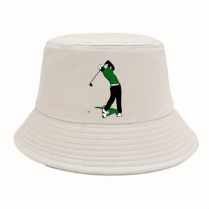 TEMU 여성을 위한 골프 테마 버킷 모자 - 가벼운, 유연하지 않은 폴리에스테르, 골프 선수 실루엣 프린트, 베이지색과 녹색 액센트, 코스 플레이에 완벽한 골프 액세서리|벙거지모자