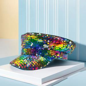 TEMU 홍루안 반짝이는 멀티컬러 글리터 캡틴 모자 | 무지개 반사 디자인의 빛나는 시퀸 베레모 | 음악 페스티벌, 파티, 댄스 이벤트 & 여름 축제용 완벽한 헤드웨어, 할로윈 및 크리스마스 행사에 눈길을 사로잡는 스타일