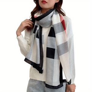 TEMU 여성용 우아한 검은색, 흰색 및 회색 체크 스카프 - 바람과 따뜻함, 폴리에스터 소재, 캐주얼 및 정장적인 기회에 적합한 스타일리시한 액세서리 | 체크 패턴 스카프 | 폴리에스터 소재, 스카프