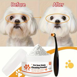 TEMU 천연 허니서클 눈물자국 파우더 키트 – 50g + 브러쉬 | 부드럽고 자극 없음 | 강아지와 고양이의 눈물자국 감소