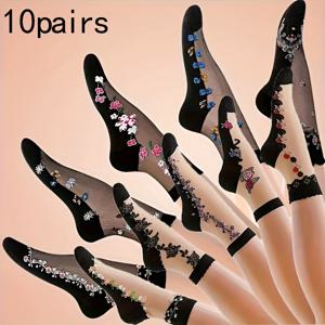 TEMU 10 쌍 여성 꽃 중간 발목 양말 - 통기성 폴리에스터 블렌드, 원단, 여름 패션, 손세탁 가능 - 다양한 색상, 레이스 및 비즈 디테일 꽃 패턴, 패션 양말 | 꽃 패턴 양말 | 통기성 양말, 귀여운 양말