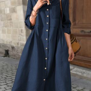 TEMU 플러스 사이즈 - 우아한 올리브 그린 드레스 버튼 프론트 & 포켓, 반팔, 칼라넥라인, 플로우 에이라인, 비스트레치 원단, 여름 캐주얼~세미포멀 웨어, 캐주얼 여름 드레스 | 칼라드 드레스