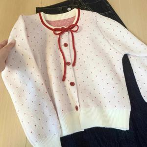 TEMU 여성용 우아한 오버사이즈 스웨터 코트, 러플드 칼라 & 보우 디테일 - 소프트핑크와 화이트 원목 넥 겨울 가을/겨울용, to formal outfits, 레이어링 look에 적합 (손세탁), polka dot pattern, 편안한 fit, 둥근 네클라인, 홈&오피스&캐주얼 wear에도 완벽, 시크하고 우아한 스타일의 고품질 카디건