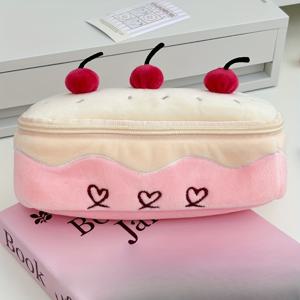 TEMU 체리 케이크 플러시 펜 케이스 - 핑크 연필 & 메이크업 파우치 대용량 휴대용 정리함 여행용 데스크 - 귀여운 카툰 디자인 케이크 & 벚꽃 데스크 정리함