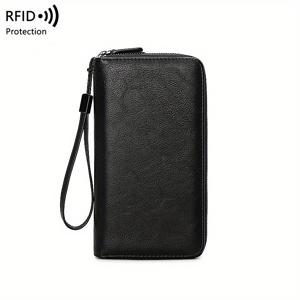 TEMU 남성용 RFID 차단 지갑 - 스타일리시한 더블 레이어 인조 가죽 클러치, 손목 스트랩, 대용량, 블랙, 명함 홀더 & 정리함, 카드 홀더 지갑
