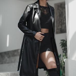 TEMU 여성용 가죽 긴팔 코트 벨트 포함 - 캐주얼 가을 & 봄 아우터웨어, 블랙 하이 부츠, 캐주얼 의상|벨트 코트|폴리에스터 안감, 플러스 사이즈 코트