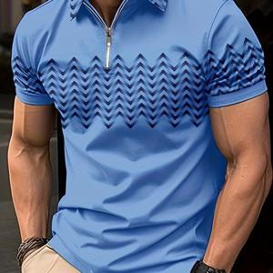 TEMU 남성용 연한 파랑 & 흰색 기하학 프린트 셔츠 - 통기성 좋은 반팔 골프 & 캐주얼 탑, 지퍼 디테일, 봄/여름 야외 활동, 요가, 러닝, 해변, 파티 및 밤 외출용 레귤러 핏, 내구성 있는 원단