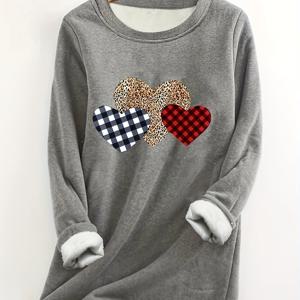 TEMU 여성용 캐주얼 플리스 풀오버, & 체크무늬 하트 디자인 - 편안한 라운드 넥 긴팔 탑, 세탁기 사용 가능한 사계절용 스웨터