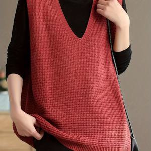 TEMU 여성용 캐주얼 V넥 조끼 - 민소매 루즈핏 솔리드 컬러 스웨터, 기계 세탁 가능한 가을 겨울 레이어링 필수품, 리브 디테일, 질감 있는 원단