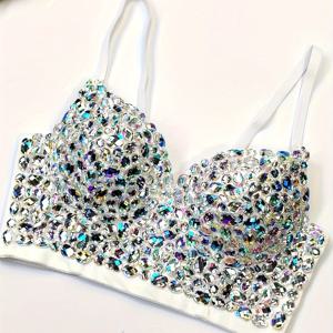 TEMU 밝은 AB 컬러 여성용 캐미솔, 딥 V 섹시 스트랩리스, 여성용 무대 공연 탱크탑, 부드러운 패딩이 있는 여성용 란제리, 여성용 브라, 여성용 란제리, 여성용 스트랩리스 브라