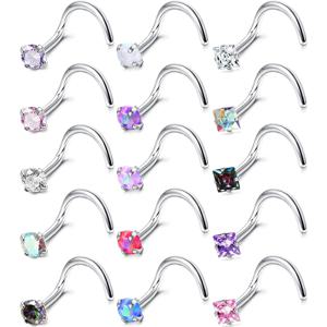 TEMU 15개 20G 코 링 스테인리스 스틸 코 링 스터드 L자형 나사 스터드 링 큐빅 지르코니아 코 링 래브렛 립 코 피어싱 쥬얼리 남녀 공용