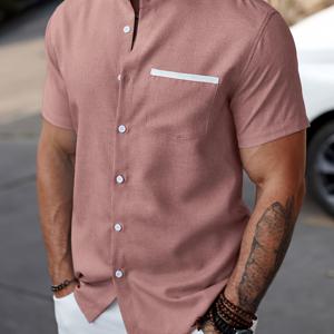 TEMU 남성용 캐주얼 반팔 만다린 칼라 셔츠 - 가벼운 통기성 여름 버튼업, 체스트 포켓, 기계 세탁 가능 솔리드 컬러, 라마단 및 축제 행사용, 클래식 스타일, 야외 활동복