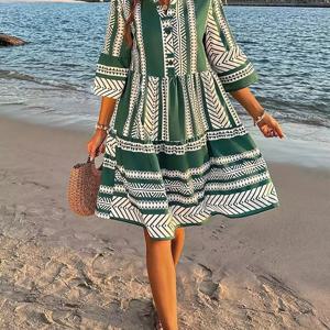 TEMU V넥 베케이션 드레스, 캐주얼 반팔 루즈핏 드레스 봄 & 여름, 여성 의류