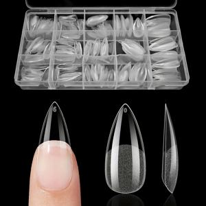 TEMU 240개/상자 미디엄 스틸레토 네일 팁 15 사이즈 프레스 온 미디엄 스틸레토 네일 팁 풀/하프 커버 프리매트 스틸레토 젤 프레스 온 네일 물방울 모양 투명 인조 네일 네일 팁 연장 홈 네일 아트 살롱