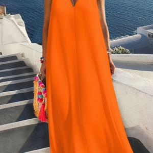 TEMU 여성용 플러스 사이즈 민소매 V넥 맥시 드레스 - 밝은 오렌지색 우아한 루즈 스트랩 비치 휴가 드레스, 링 장식, 세탁기 사용 가능한 여름 캐주얼 리조트웨어, 부드러운 원단 가운