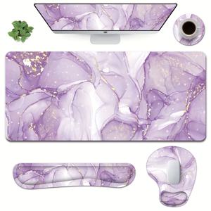 TEMU 마블 디자인의 인체공학적 마우스 패드 손목 보호대 - 미끄럼 방지 데스크 매트, 두꺼운 잠금 가장자리, 컴퓨터 키보드용 편안한 손목 받침대, 사무실 및 가정 사용, 보라색 & 흰색 대리석 무늬, 내구성 있는 고무 소재, 인체공학적 손목 지지대 | 스타일리시한 데스크 액세서리 | 미끄럼 방지 베이스, 책상용 마우스 패드|손목보호대