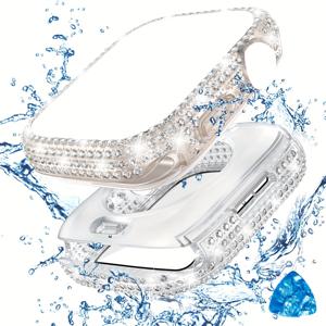 TEMU 1개 여성 남성 패셔너블 반짝이 스톤 장식 글래머러스 스크린 보호 케이스 전면 & 후면 범퍼 케이스 강화유리 필름 방수 워치 케이스, 애플워치 케이스 40/41/42/44/45/46/49mm, 애플워치 시리즈 울트라/SE/11/10/9/8/7/6/5/4 호환