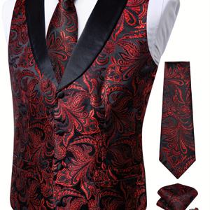 TEMU 남성을 위한 레트로 숄 칼라 보라색 페이즐리 조끼 비즈니스 캐주얼 남성용 싱글 브레스티드 웨스트코트 넥타이 포켓 스퀘어 커프링크