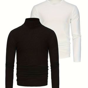 TEMU 남성용 단색 베이스 레이어 2장, 캐주얼 롱슬리브 슬림핏 터틀넥 플리스 상의, 봄 가을 야외 남성 의류