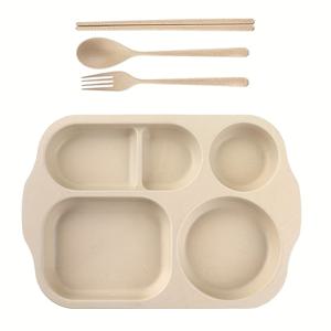 TEMU 4개 세트 내구성 있는 플라스틱 구획 분할 디너 플레이트 세트 - 5구획 분할 벤토 플레이트와 숟가락과 포크 포함 | 전자레인지 식기세척기 사용 가능 | 홈 피크닉 파티 분리용 접시 (캠핑 여행용)