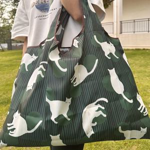 TEMU 대용량 접이식 폴리에스테르 토트백, 귀여운 고양이 프린트가 있는 우아한 디자인 가방, 여성용 재사용 가능한 쇼핑백