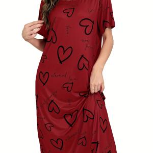 TEMU 여성용 하트 프린트 캐주얼 잠옷 드레스, 반팔 라운드넥 루즈핏 미디 드레스, 편안한 나이트가운