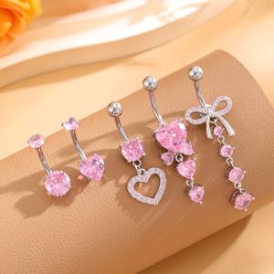 TEMU 여성용 Y2K 복숭아 하트 리본 모양 구리 소재 펜던트 섹시 벨리 주얼리 일상 착용을 위한 5개 세트 핑크 큐빅 지르코니아 인레이 스테인리스 스틸 피어싱 벨리 버튼 링