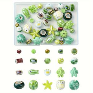 TEMU 40개 녹색 세라믹 비즈 믹스, 거북이, 물고기, 별 & 다양한 모양의 장식 DIY 쥬얼리 만들기에 적합, 보관 상자 포함 - 도자기 재질, 목걸이, 열쇠고리 & 공예품에 적합한 다양한 스타일