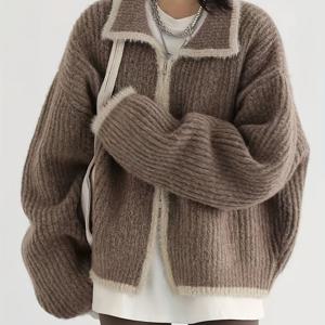 TEMU 여성용 우아한 한국 스타일 가디건 - & 컬러 블록 스웨터, 라펠 칼라, 긴소매 루즈핏 가을/겨울 코트, 캐주얼 & 포멀 의상에 편안한 레이어링, 스웨터 가디건, 가을 겨울 의류, 중간 탄성|가디건|여성의류