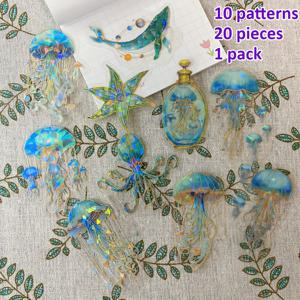 TEMU 해양 동물 스티커 20장 팩 - 해파리, 문어 & 해양 생물 | 반짝이는 금박 & 글리터 장식 | 스크랩북, 공예품을 위한 자체 접착 PET 데칼 | 플라스틱 표면, 광택 있는 불규칙한 모양