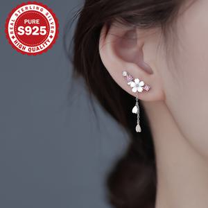 TEMU 1쌍 벚꽃 태슬 귀걸이, S925 스털링 실버 플라워 후크, 귀여우면서 우아한 일본-한국 스타일, 다용도 클래식 드롭 귀걸이, 알레르기 방지